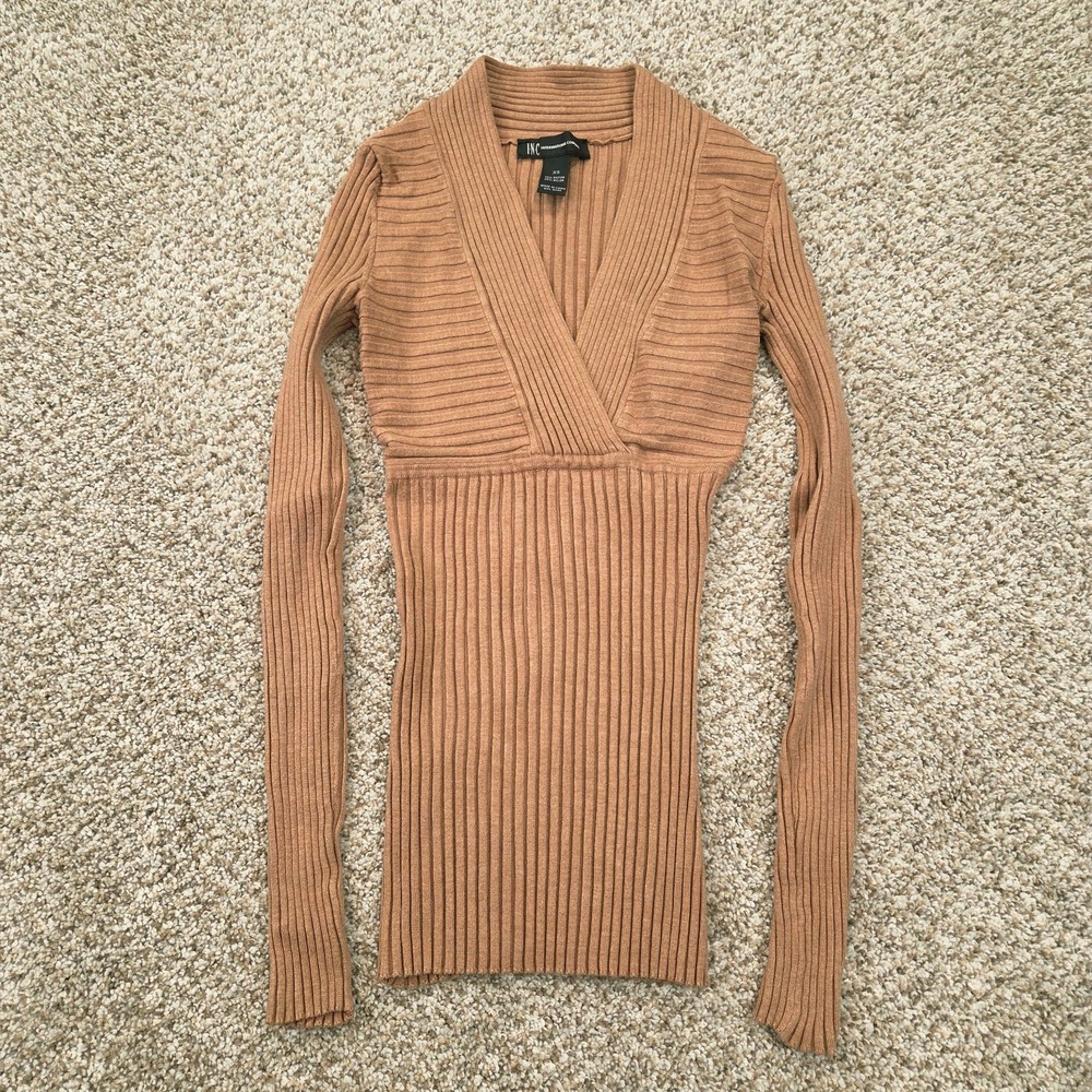 Vintage INC International Concepts Tan Ribbed V Neck Sweater Fitted Slim Size XS